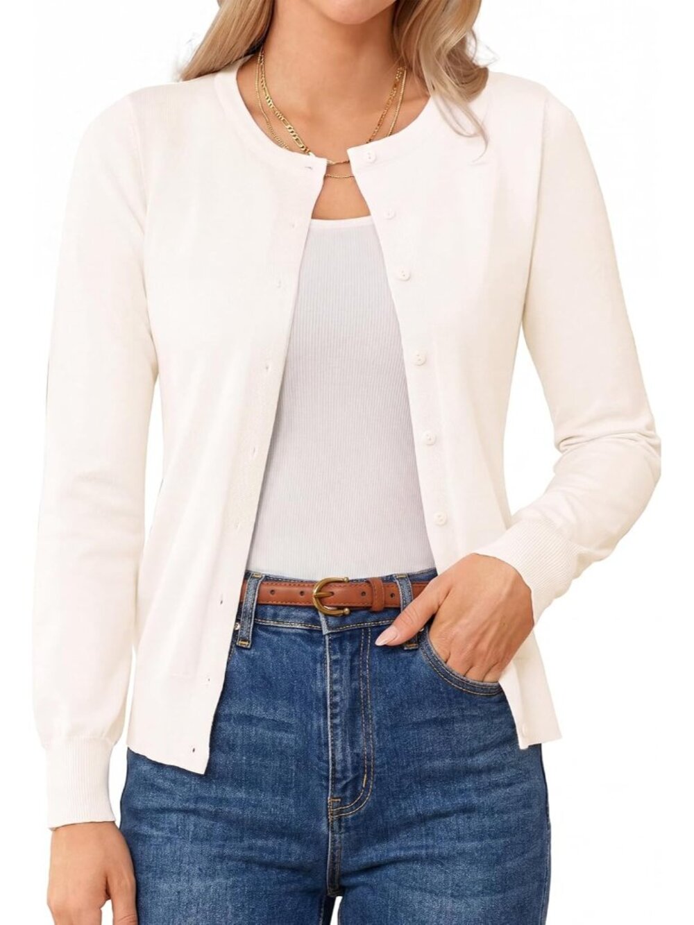 🆕Women's White Crewneck Knit Cardigan Sweater Lightweight Button Up Casual